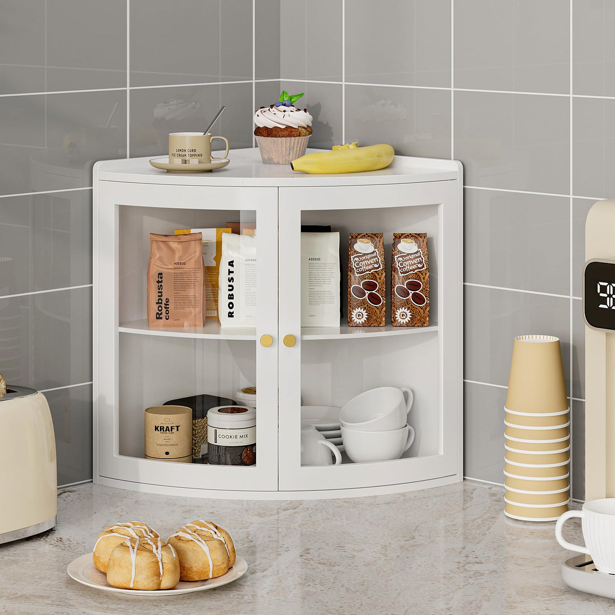 White Double Layer Large Bread Box with Acrylic Doors U244517