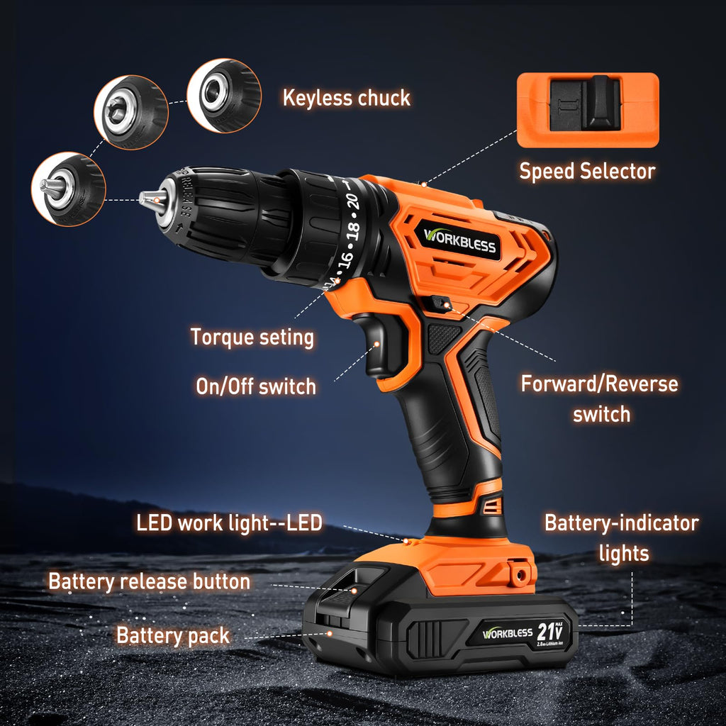 Cordless Drill, 20+1 Torque, 2 Speed, 3/8" Electric Screwdriver with 28pcs Drill Bits Set H58107
