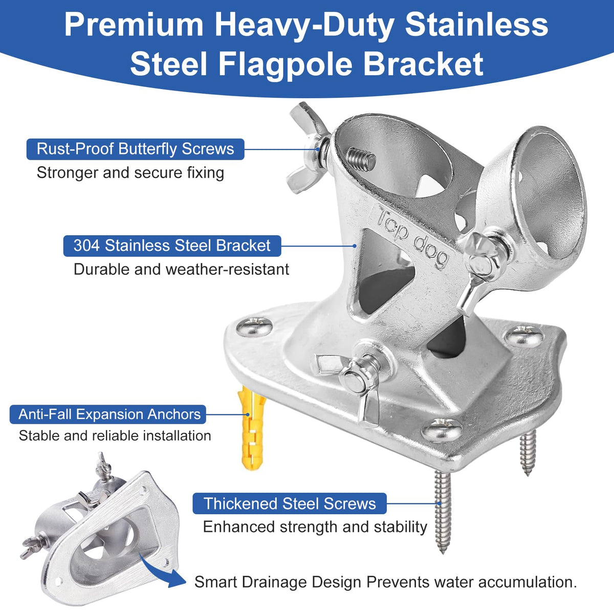 304 Stainless Steel Adjustable Wall Mount Flag Pole Holder Bracket J30532