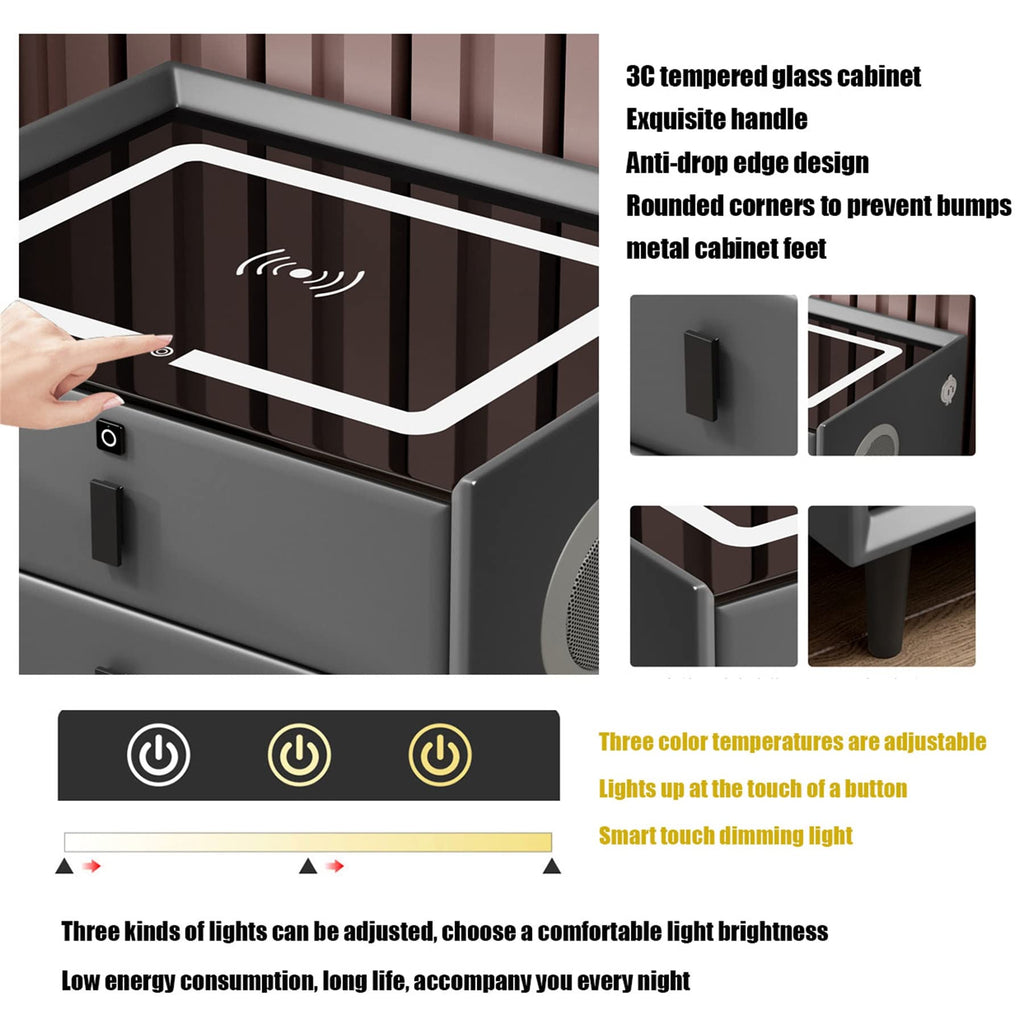 White 3 Drawer Nightstand with Wireless Charging and LED Lights X683