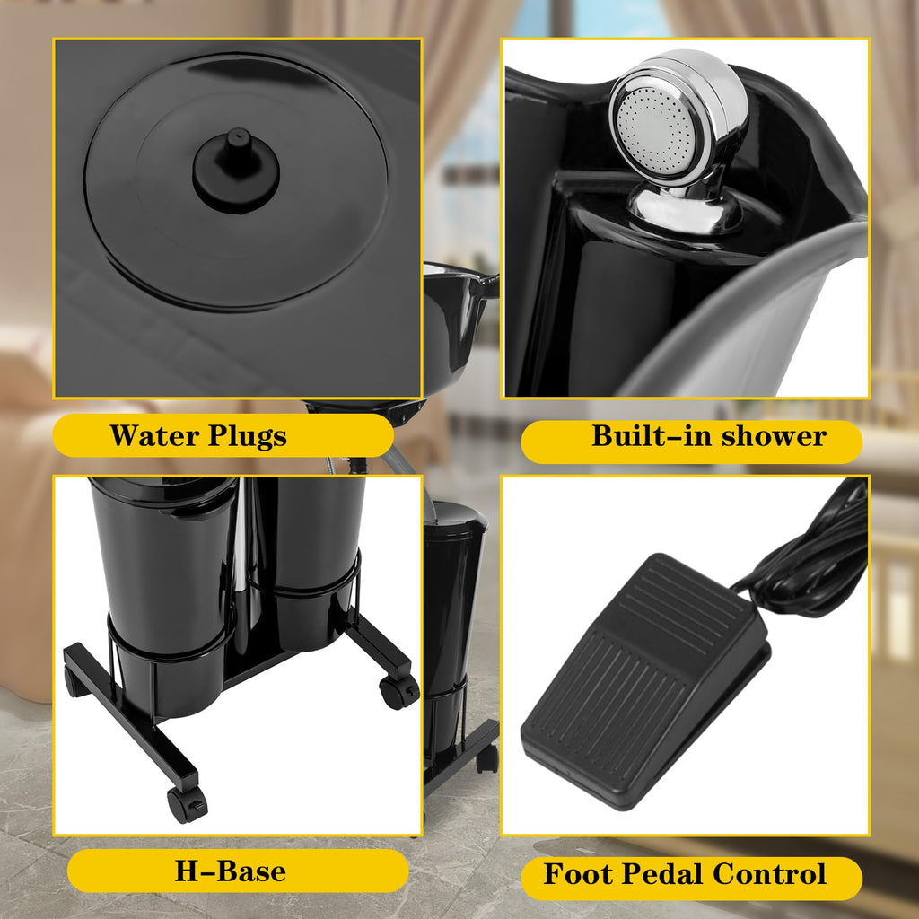 Portable Mobile Shampoo Bowl with Electric Pump, 2 Bucket, Drain Hoses, Height-Adjustable K540980