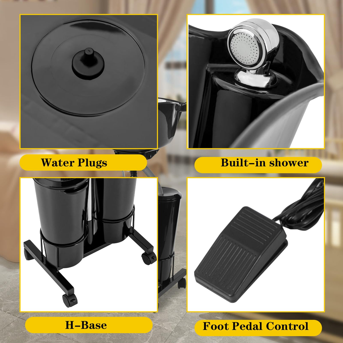 Portable Mobile Shampoo Bowl with Electric Pump, 2 Bucket, Drain Hoses, Height-Adjustable K540980