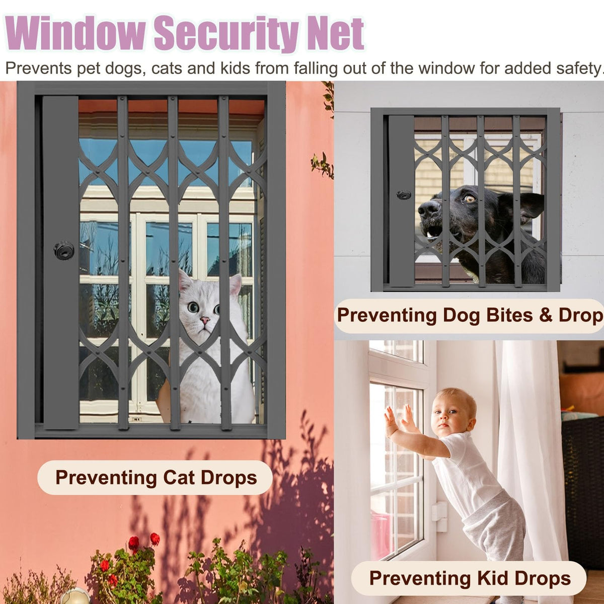 Lockable Folding Aluminum Window Safety Guards, Adjustable Width 24-36 Inch, Black Z17561