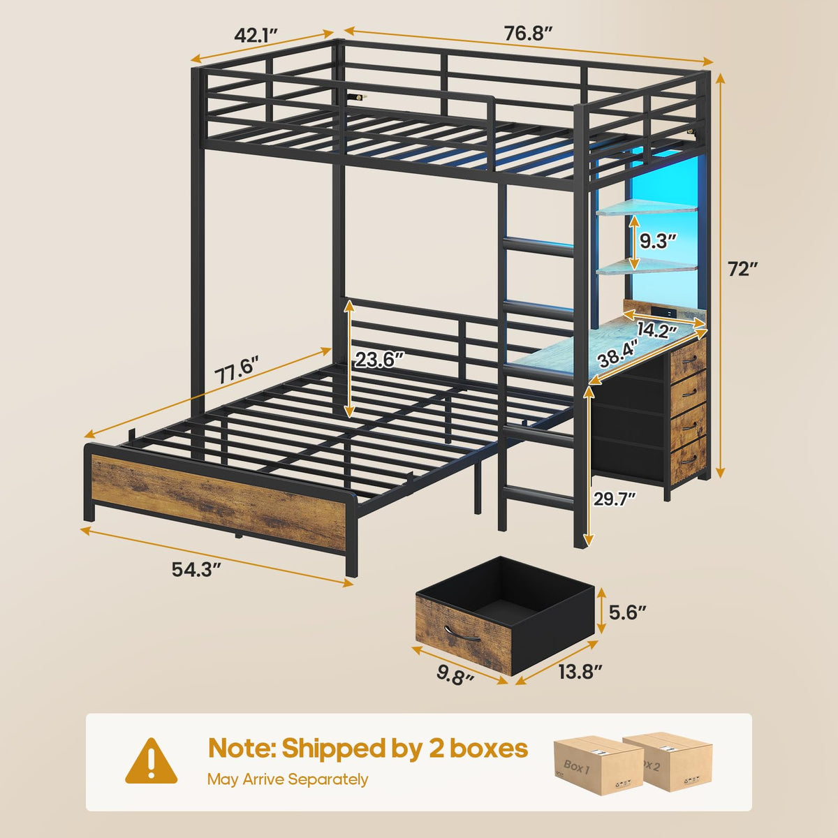 Twin Over Full Bunk Bed with Desk & 4 Storage Drawers, Black T86982