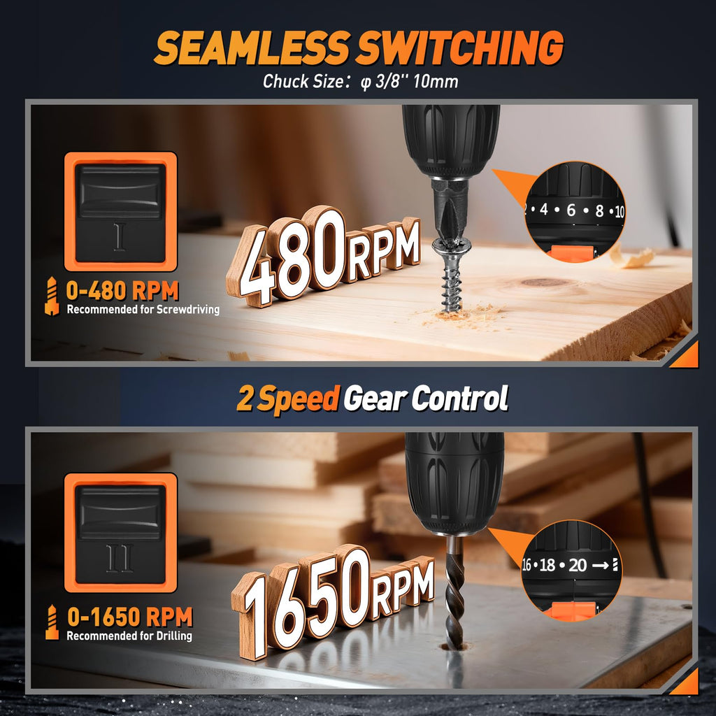 Cordless Drill, 20+1 Torque, 2 Speed, 3/8" Electric Screwdriver with 28pcs Drill Bits Set H58107