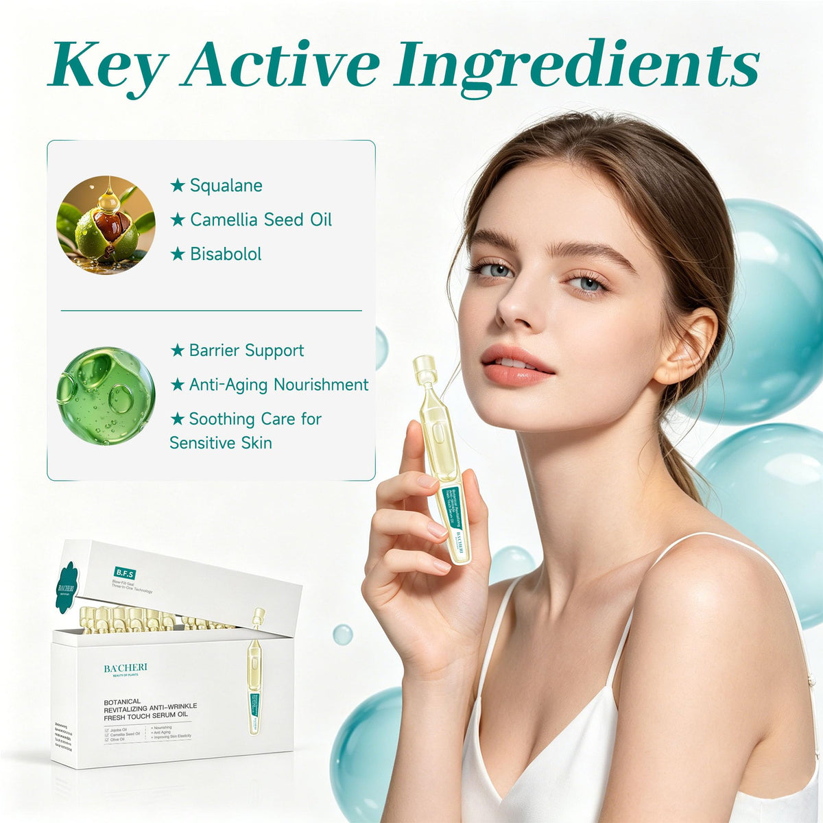 Anti-Aging Face Oil Serum Ampoules with Squalane, Camellia, Jojoba & Meadowfoam Seed Oil, 1ml x 30 G2354