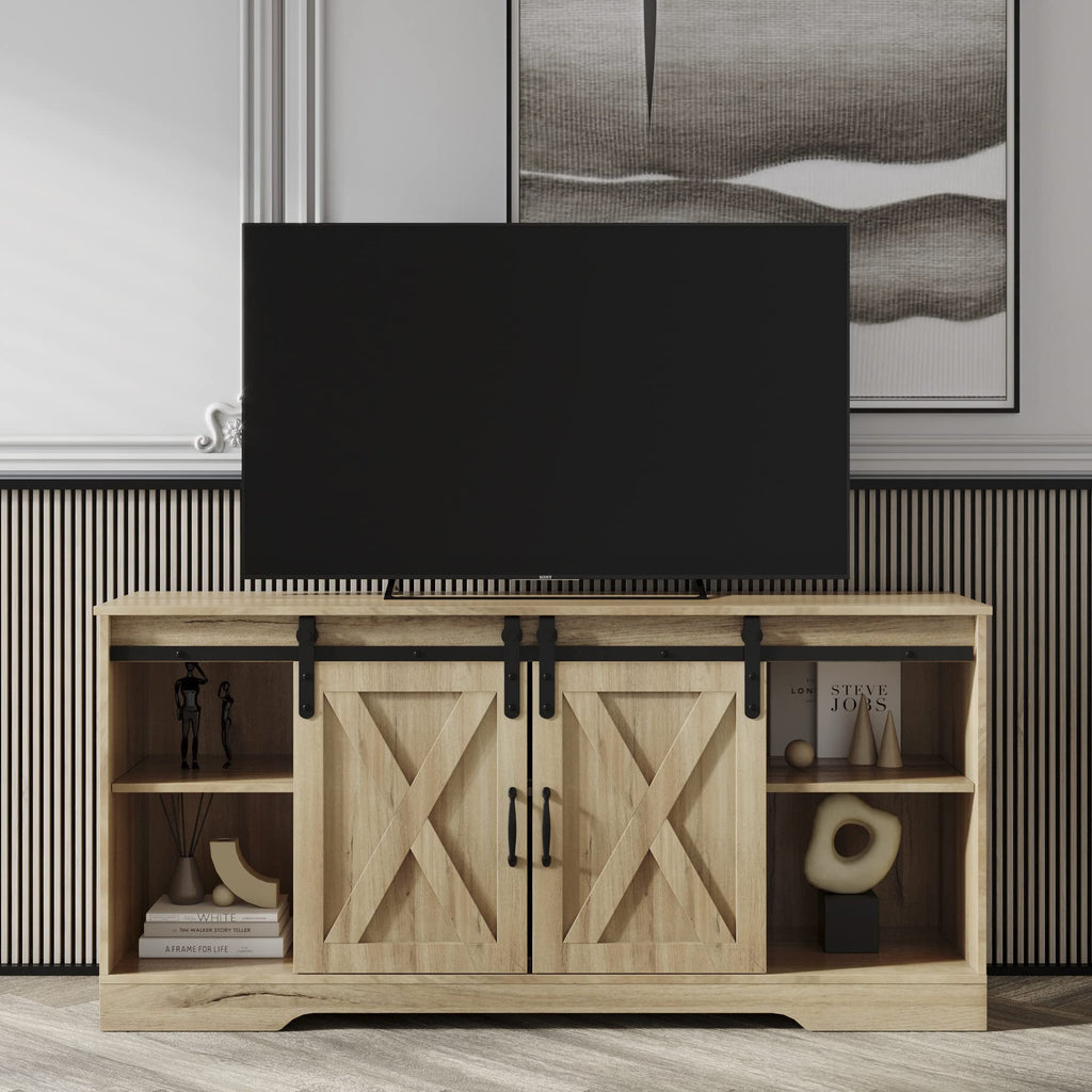 Rustic Oak Wood TV Stand with Sliding Barn Door K8235