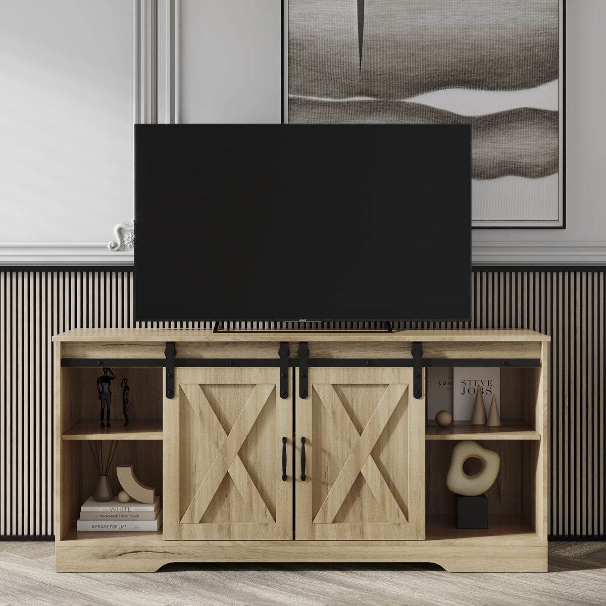 Rustic Oak Wood TV Stand with Sliding Barn Door K8235