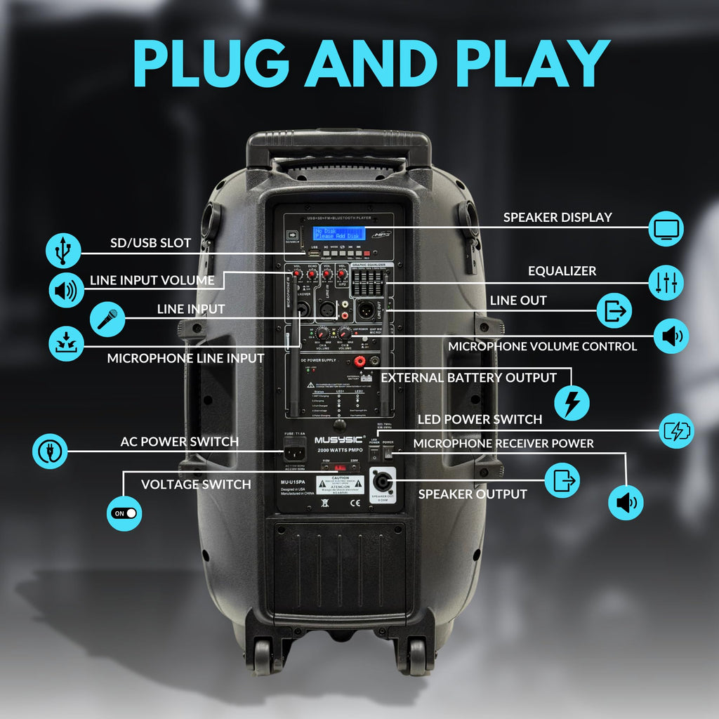15" 2000W Portable PA Speaker System with Wireless Microphones D8199