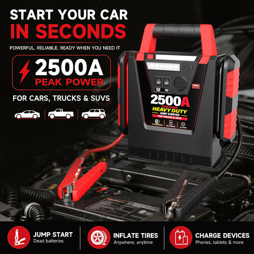 12V Portable Car Jump Starter with Air Compressor and Work Light W875
