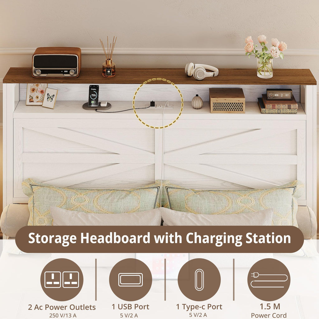 White Full Bed Frame with LED Lights & Charging Station V2840