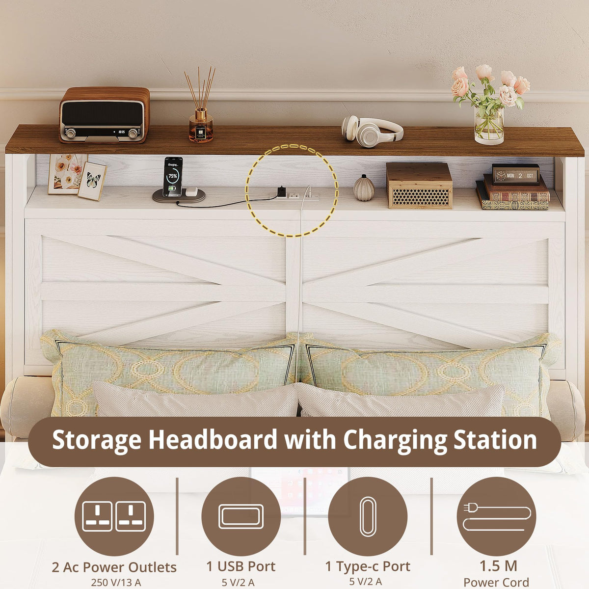 White Full Bed Frame with LED Lights & Charging Station V2840