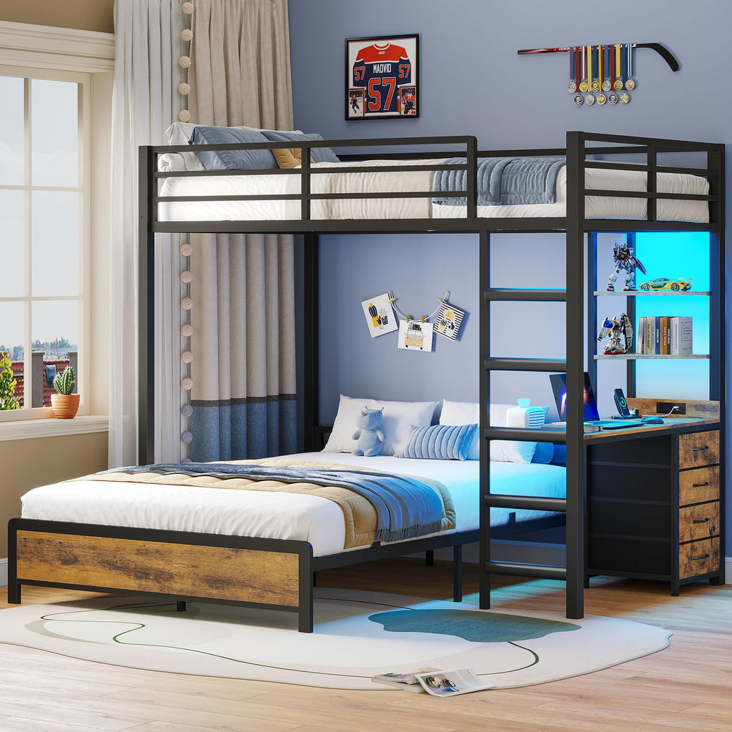 Twin Over Full Bunk Bed with Desk & 4 Storage Drawers, Black T86982