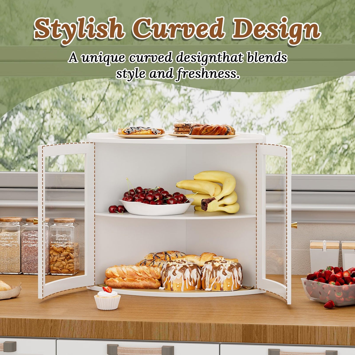 White Double Layer Large Bread Box with Acrylic Doors U244517
