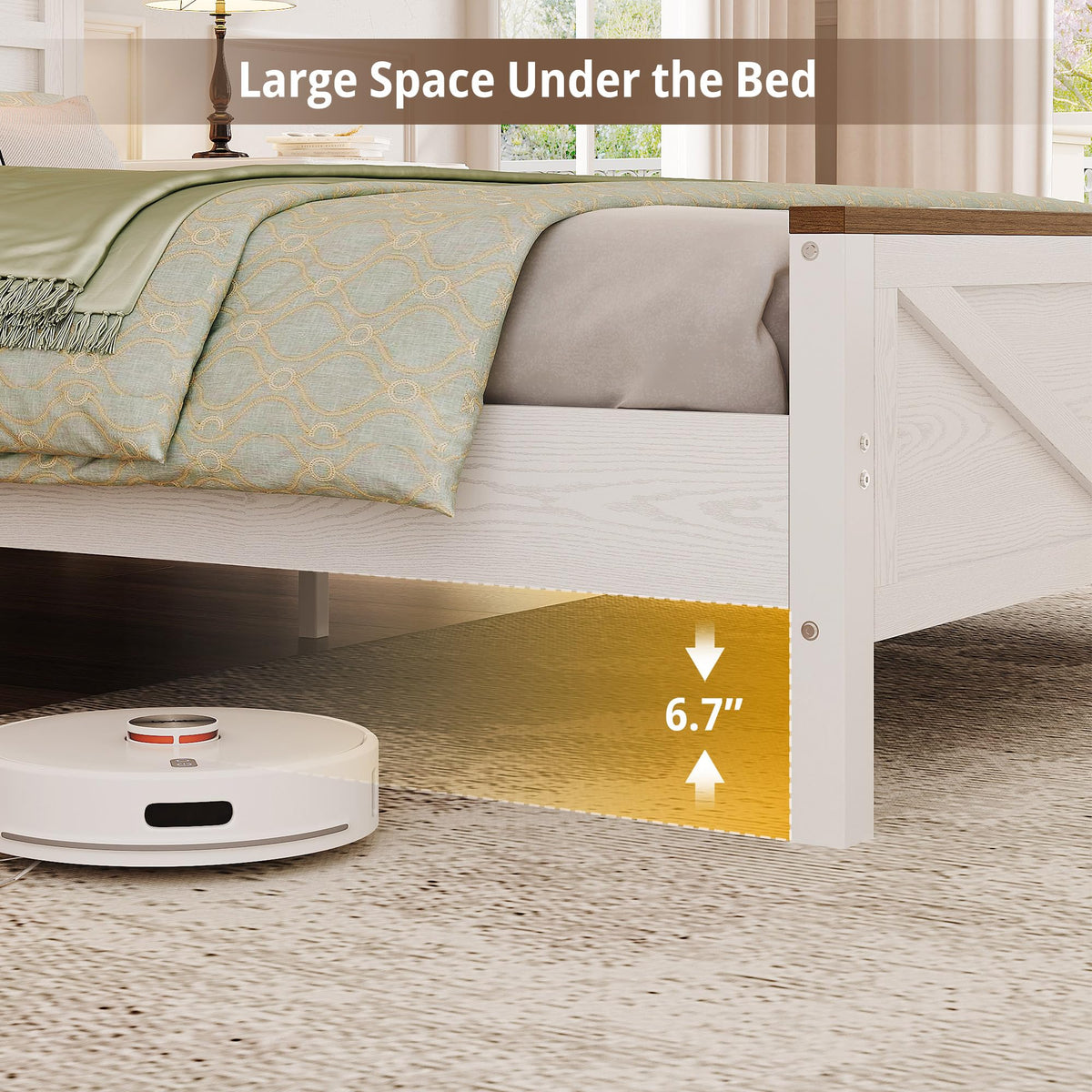 White Full Bed Frame with LED Lights & Charging Station V2840