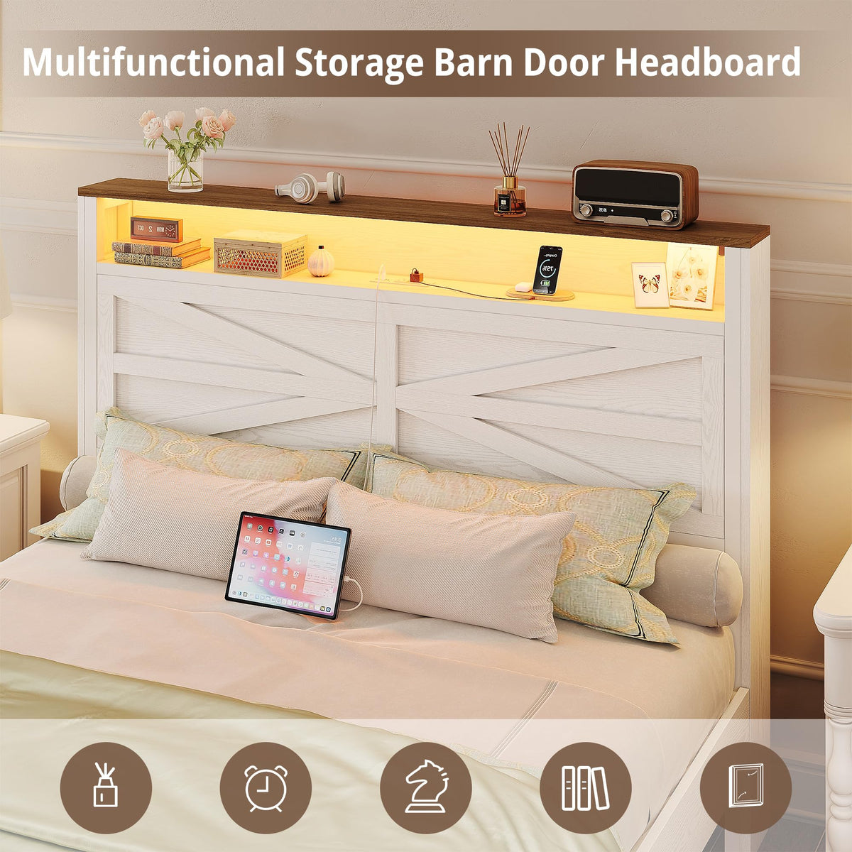 White Full Bed Frame with LED Lights & Charging Station V2840