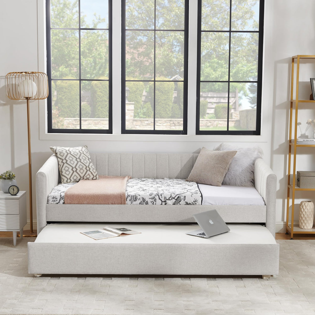 Beige Linen Twin Size Daybed with Trundle A5863