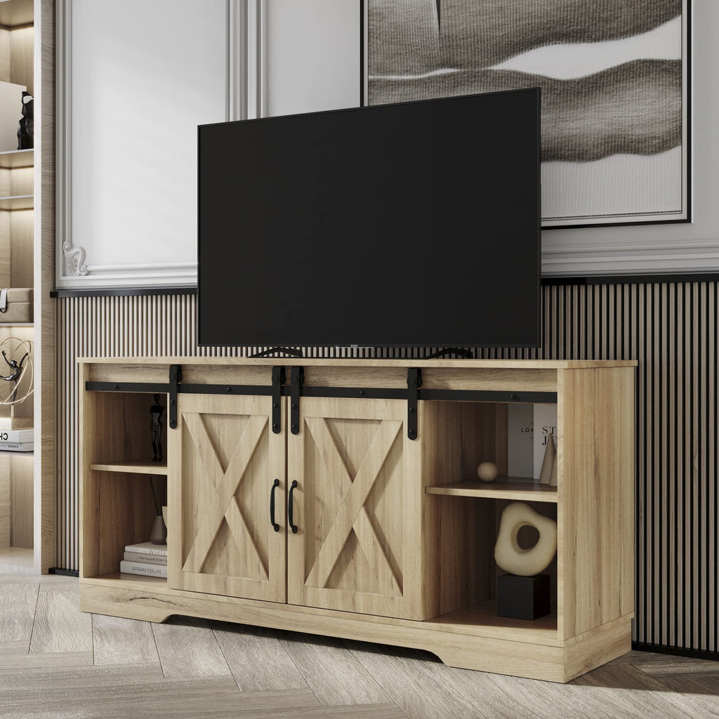 Rustic Oak Wood TV Stand with Sliding Barn Door K8235
