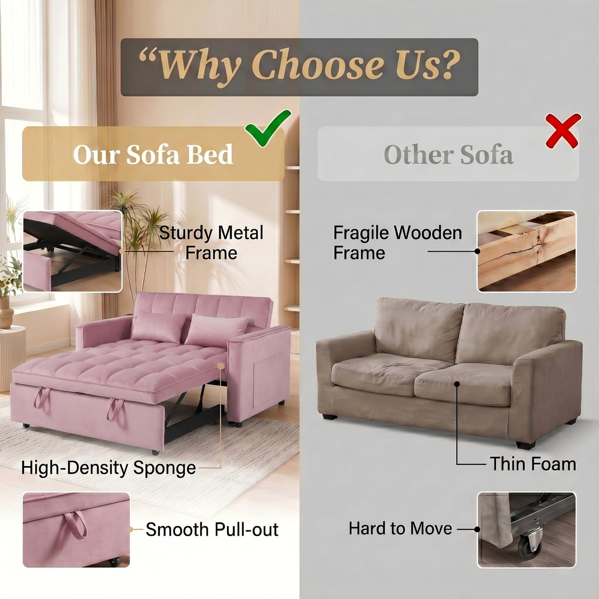 Pink Velvet 54" Sleeper Sofa R541561