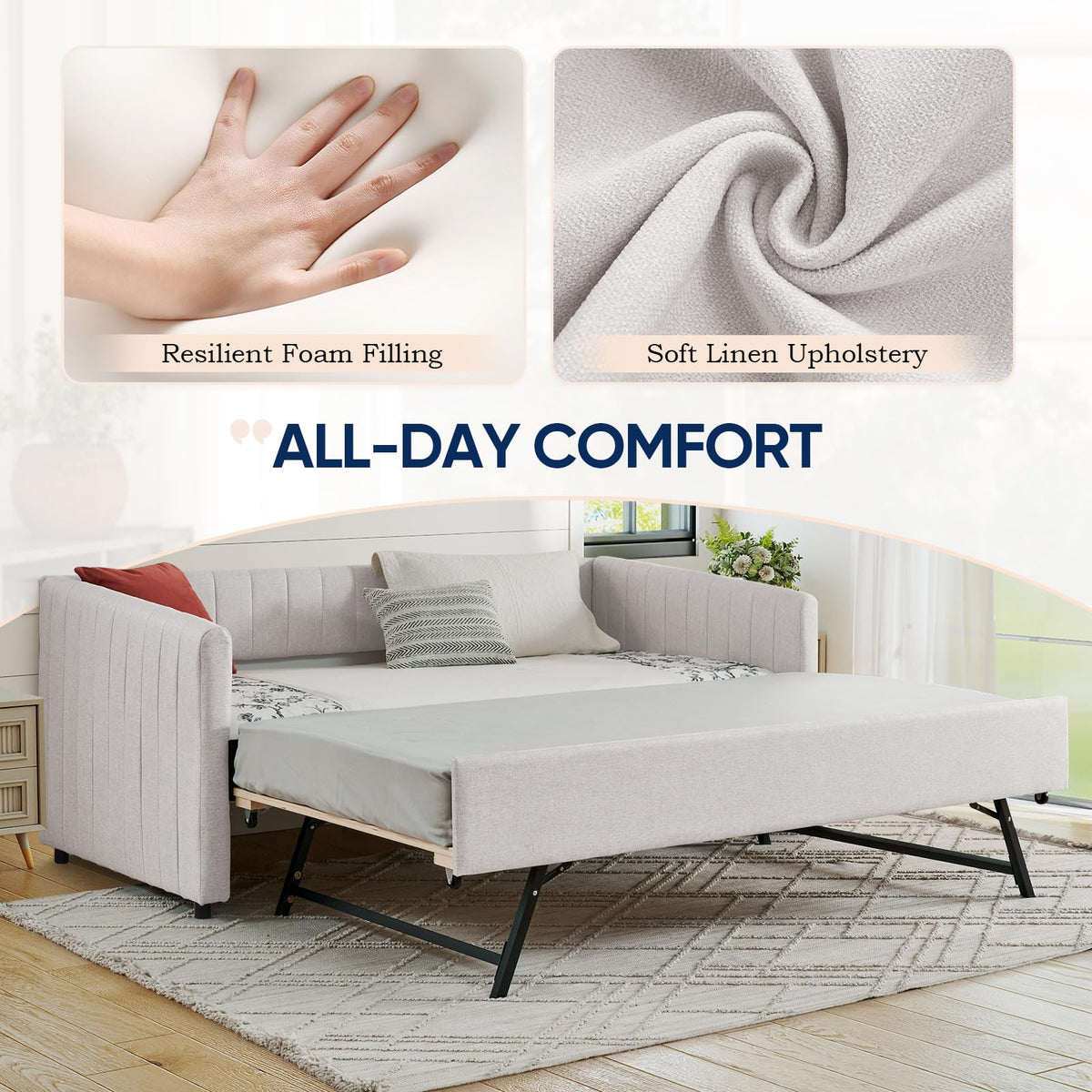 Beige Linen Twin Size Daybed with Trundle A5863