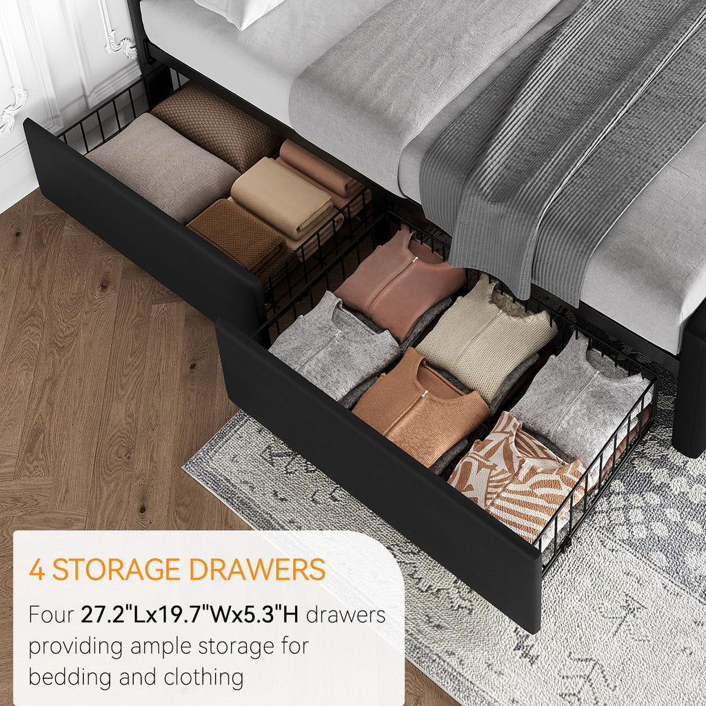 Full Size Bed Frame with 4 Storage Drawers and Headboard, Black O19435