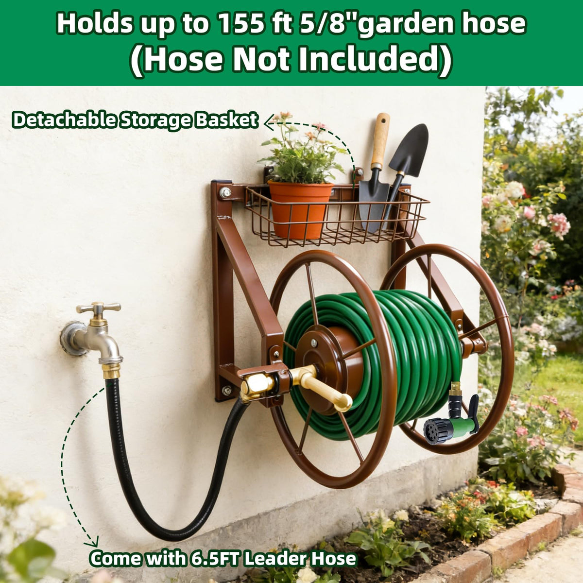 Wall Mount Metal Garden Hose Reel Holds 155ft 5/8" Hose F631211