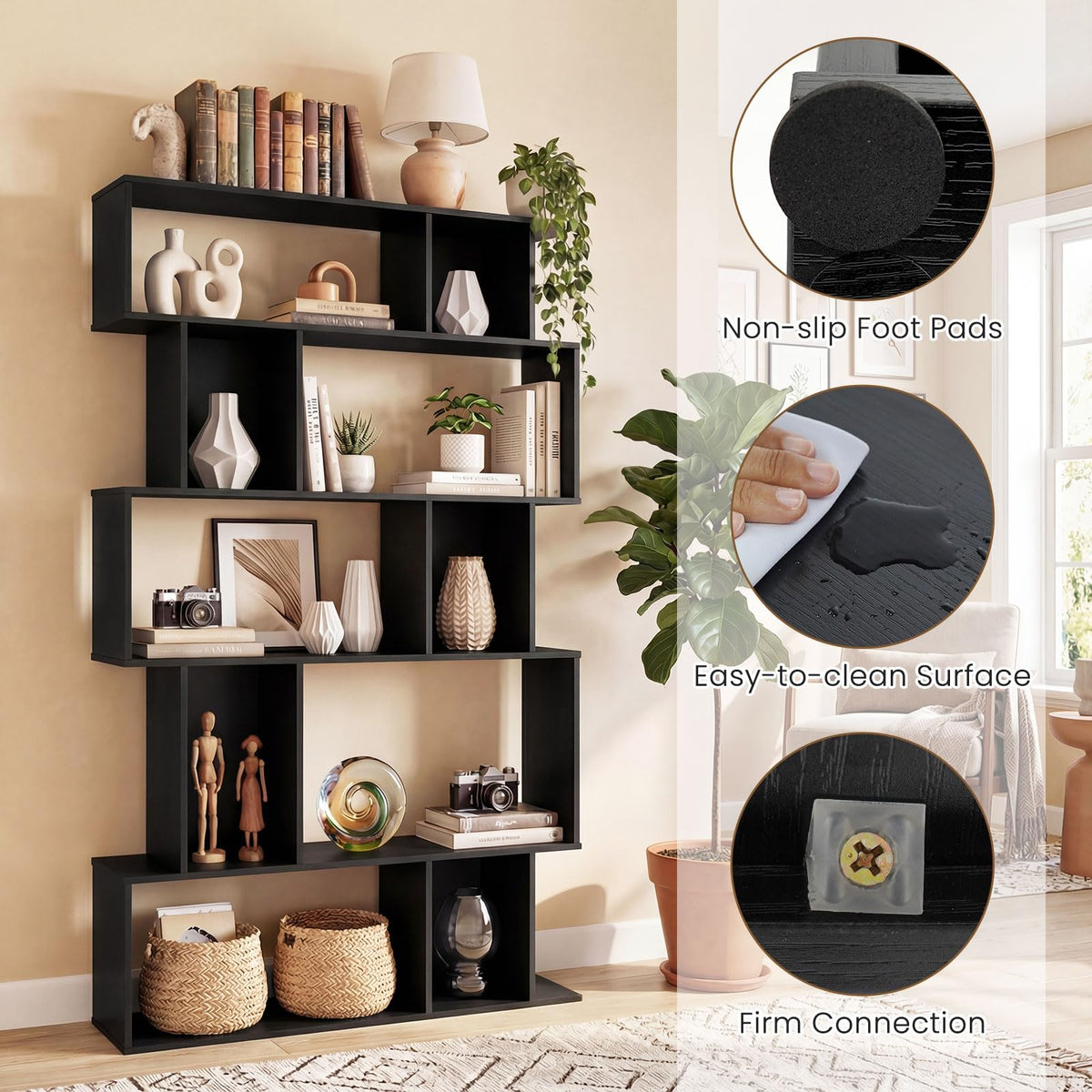 5-Tier 10-Cube Black Bookshelf W9594