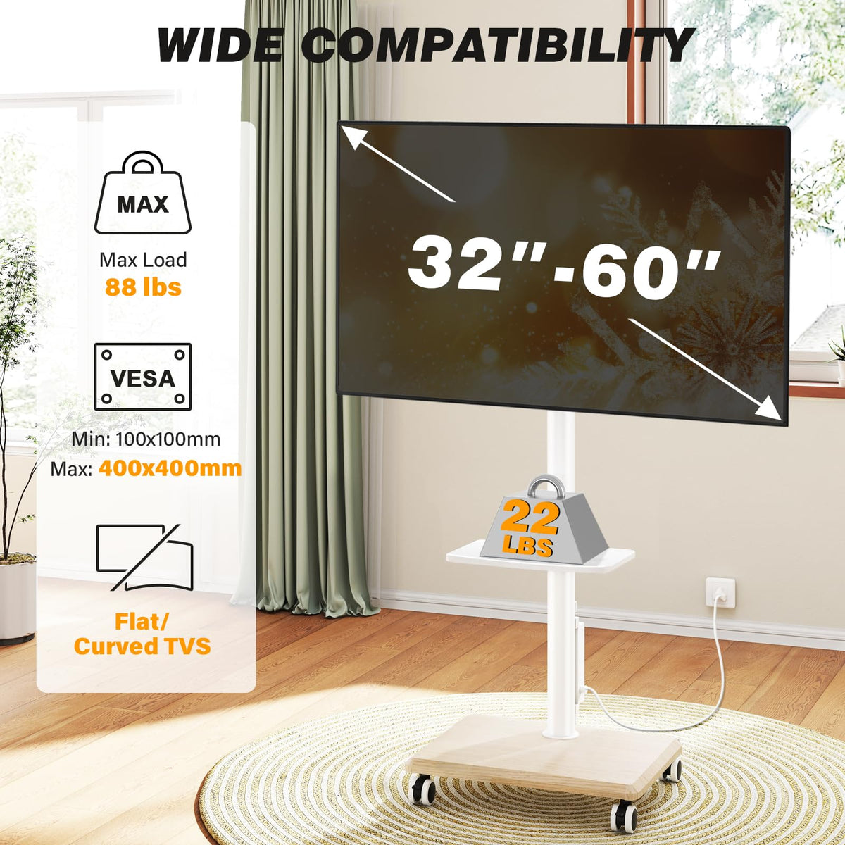 Rolling TV Stand with Power Outlet for 32-60 inch TVs Y268