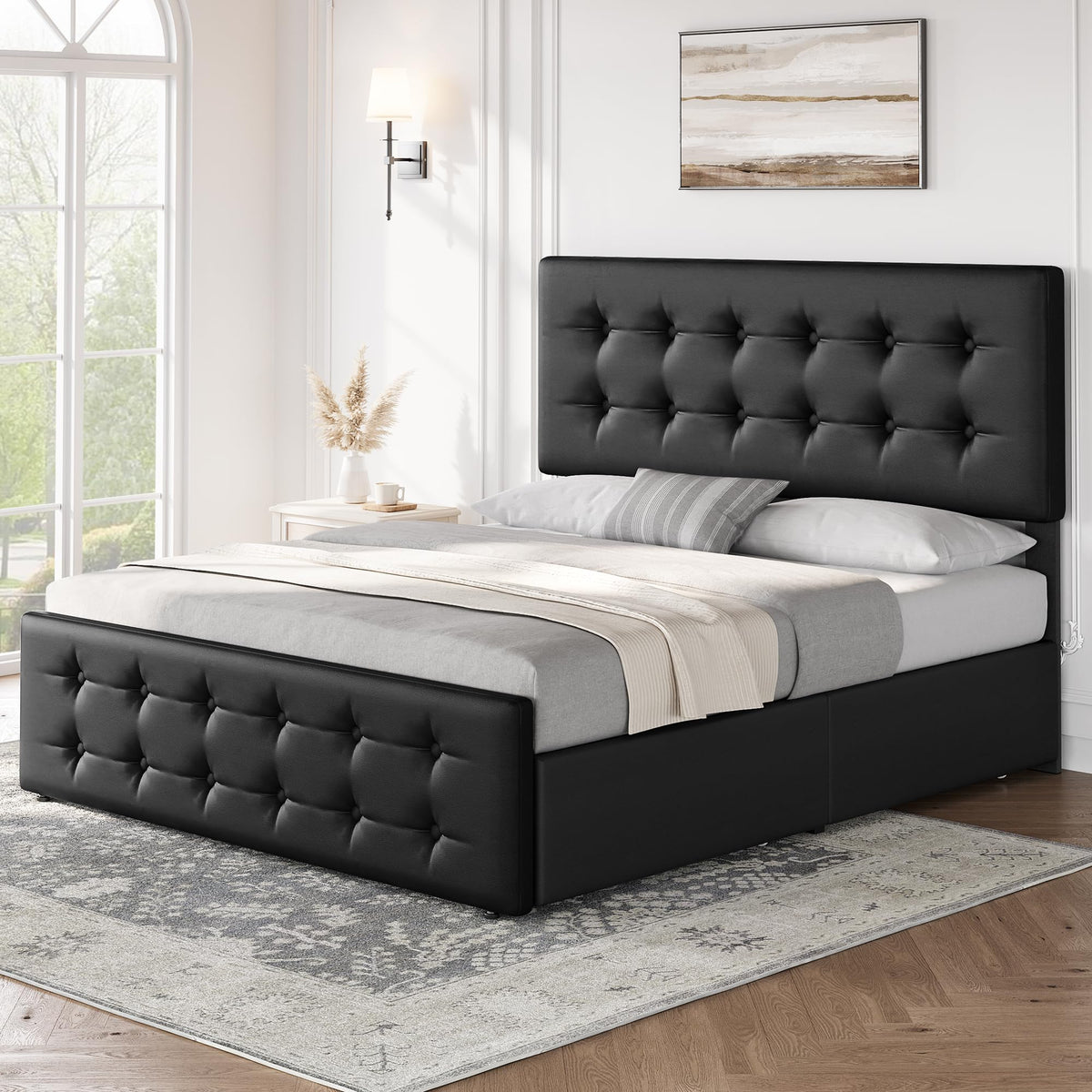 Full Size Bed Frame with 4 Storage Drawers and Headboard, Black O19435