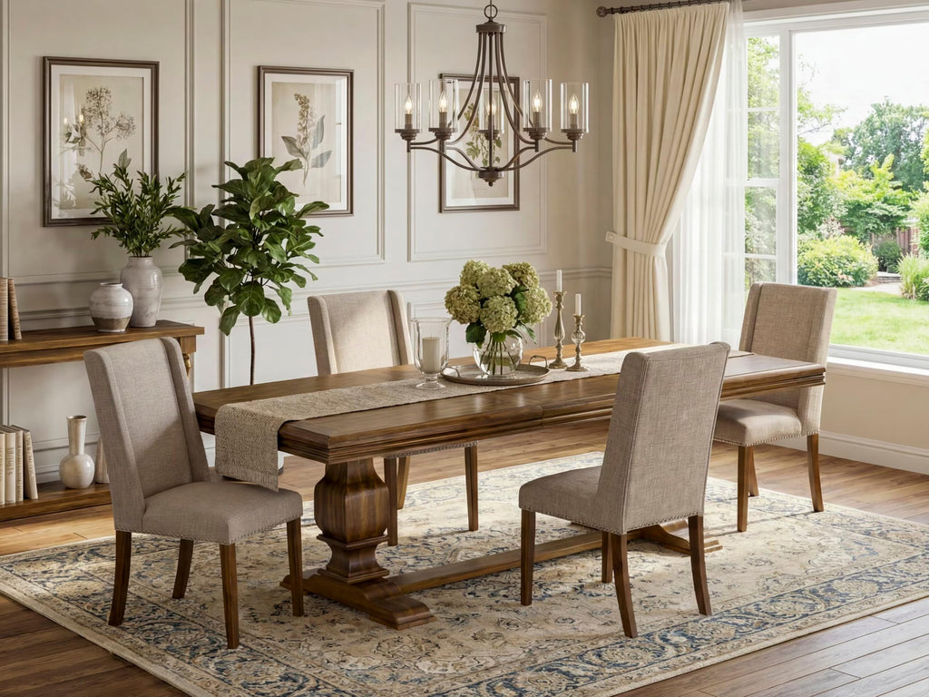 5-piece Wooden Dining Room Set with 4 Light Tan Linen Chairs A747