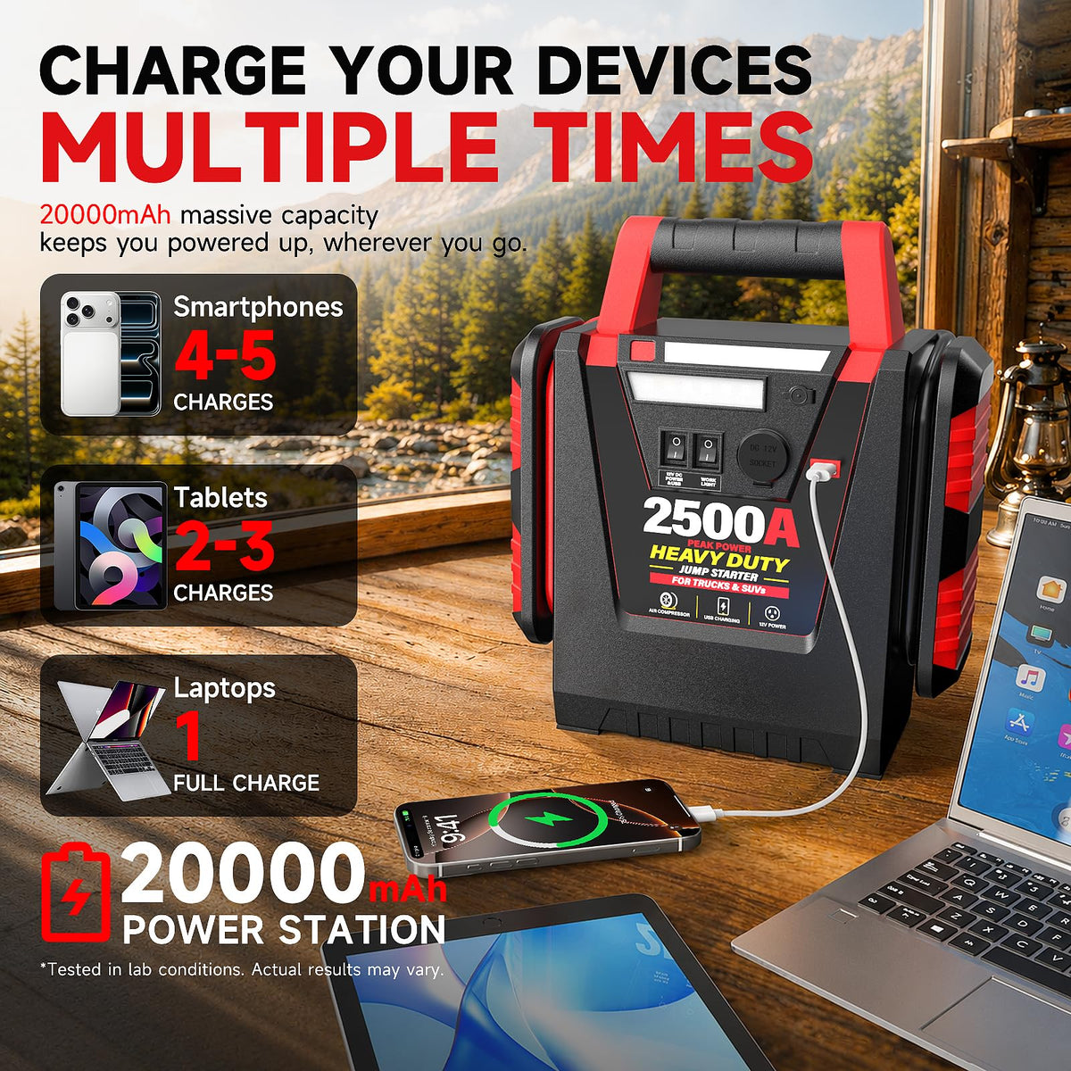 12V Portable Car Jump Starter with Air Compressor and Work Light W875