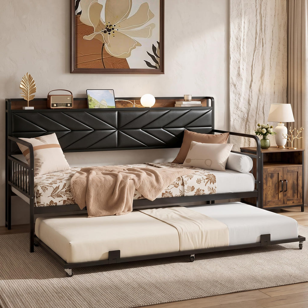 Black Metal Twin Daybed with Trundle and Storage Headboard P9870
