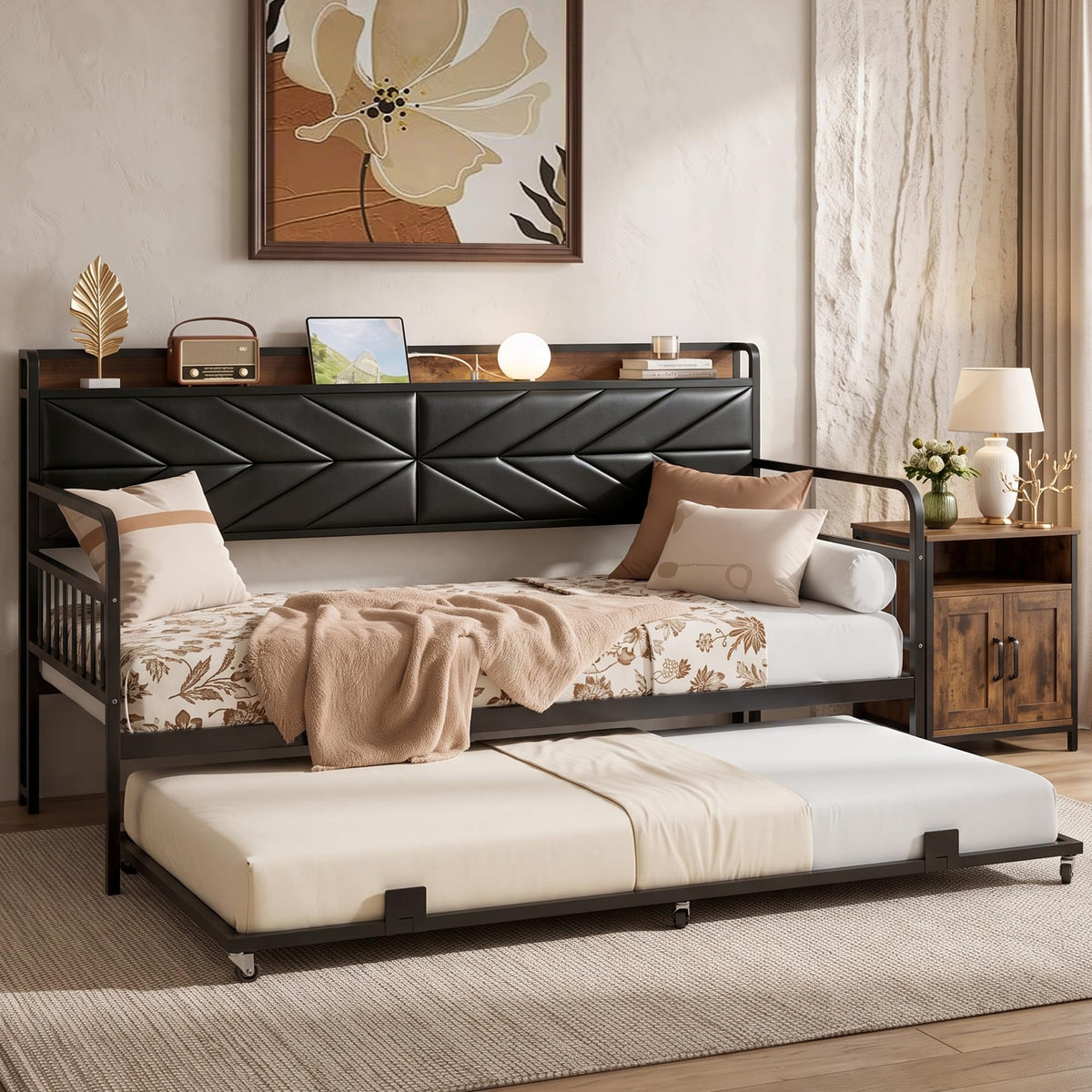 Black Metal Twin Daybed with Trundle and Storage Headboard P9870