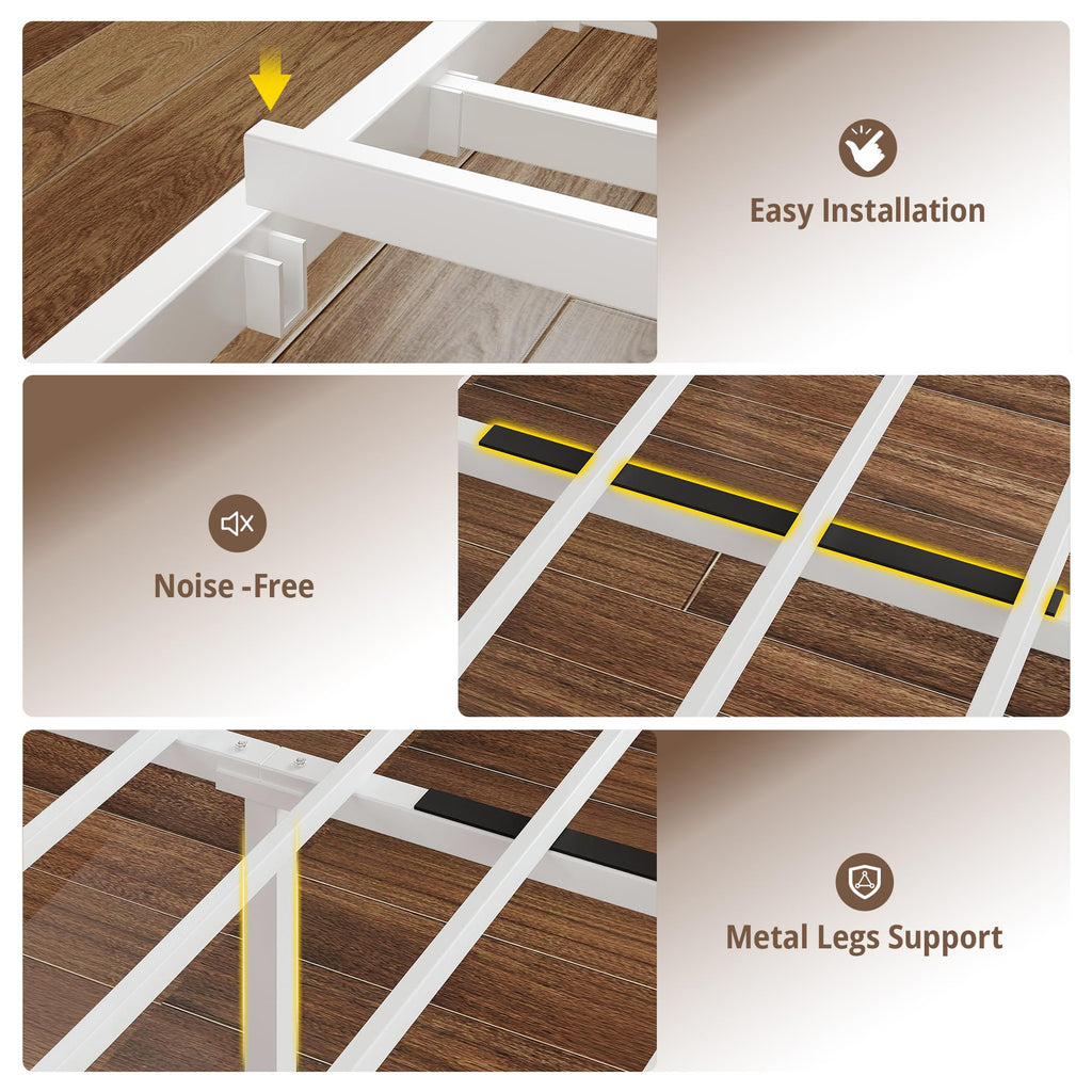 White Full Bed Frame with LED Lights & Charging Station V2840