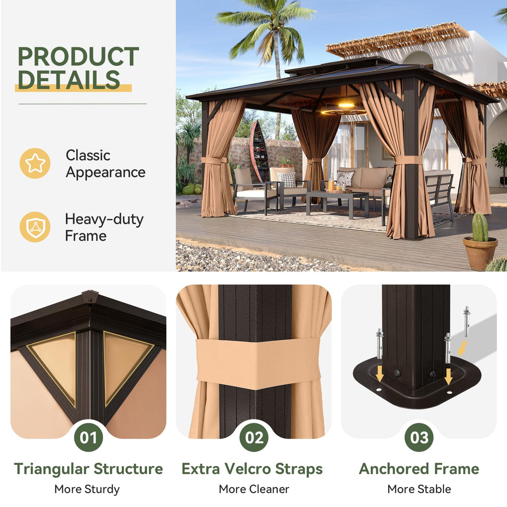 12'x10' Hardtop Gazebo with Polycarbonate Double Roof Q94905