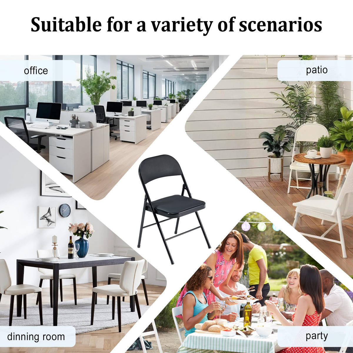 Black Folding Chairs 10-Pack Padded Heavy Duty Steel Frame W98358