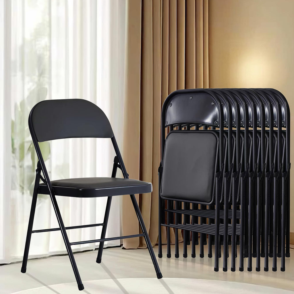 Black Folding Chairs 10-Pack Padded Heavy Duty Steel Frame W98358