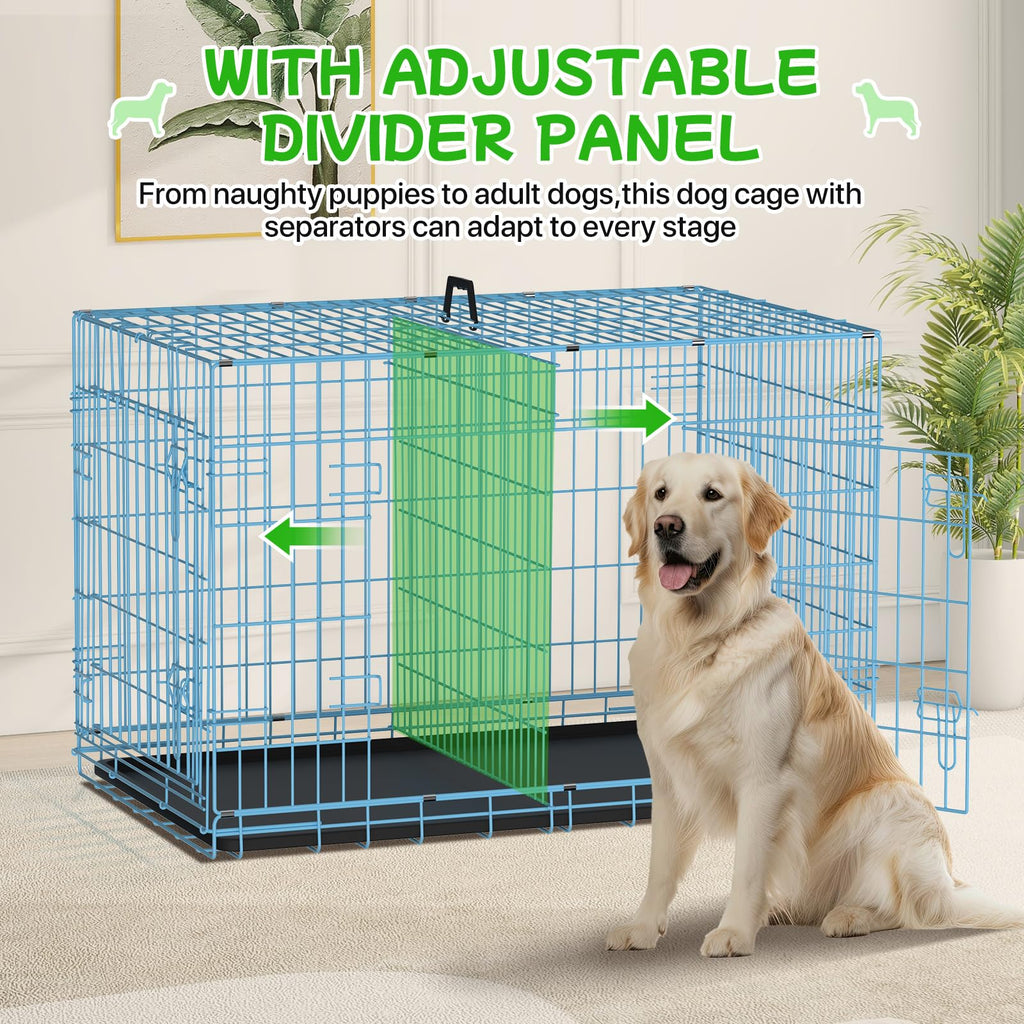 48 Inch Extra Large Double Door Folding Metal Dog Crate with Divider Panel V34359