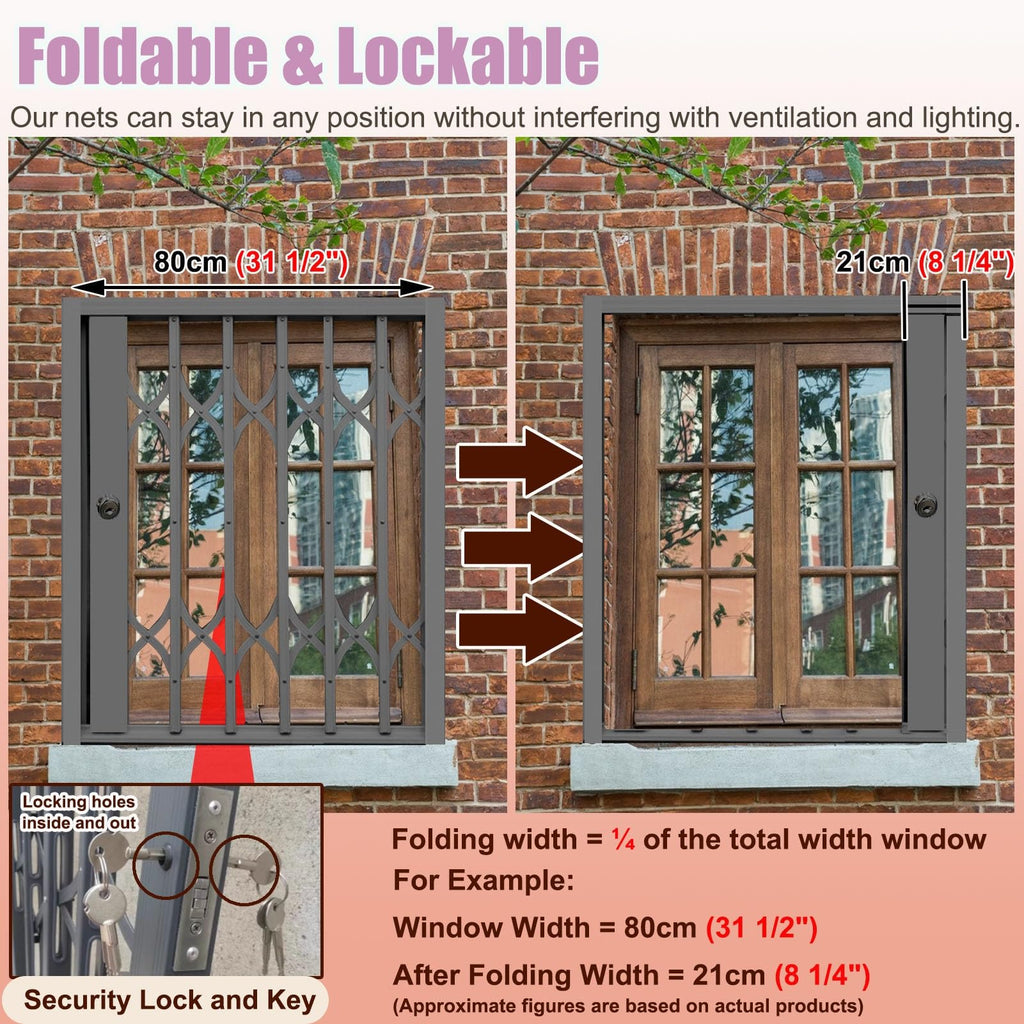 Lockable Folding Aluminum Window Safety Guards, Adjustable Width 24-36 Inch, Black Z17561