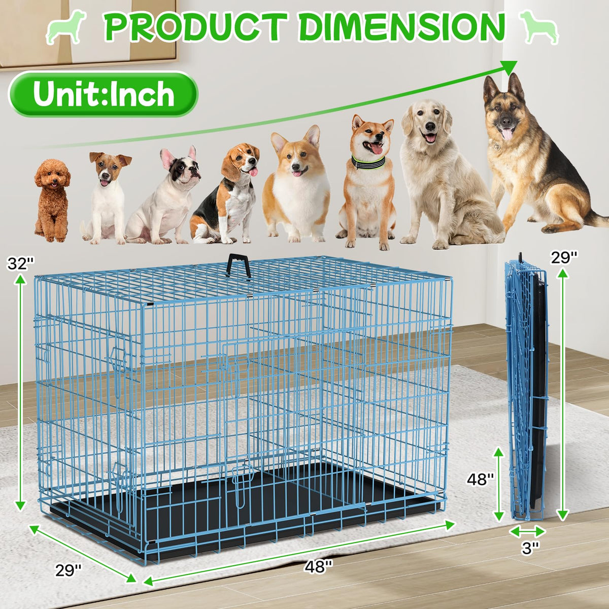 48 Inch Extra Large Double Door Folding Metal Dog Crate with Divider Panel V34359