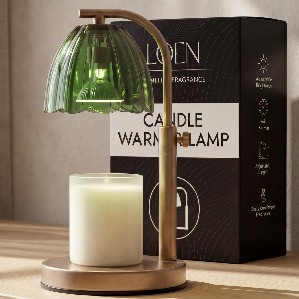 Scalloped Glass Candle Warmer Lamp with Timer, Dimmable, Adjustable Height, Gold Metal, Green I886