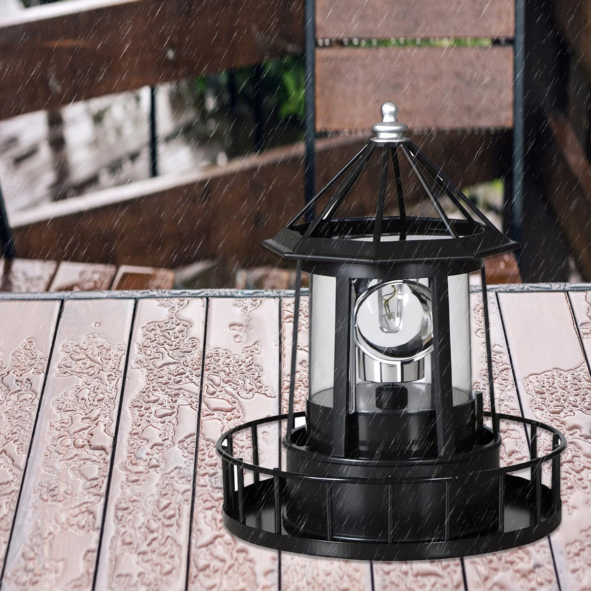 Black IP65 Waterproof Solar Rotating Lighthouse Light W473