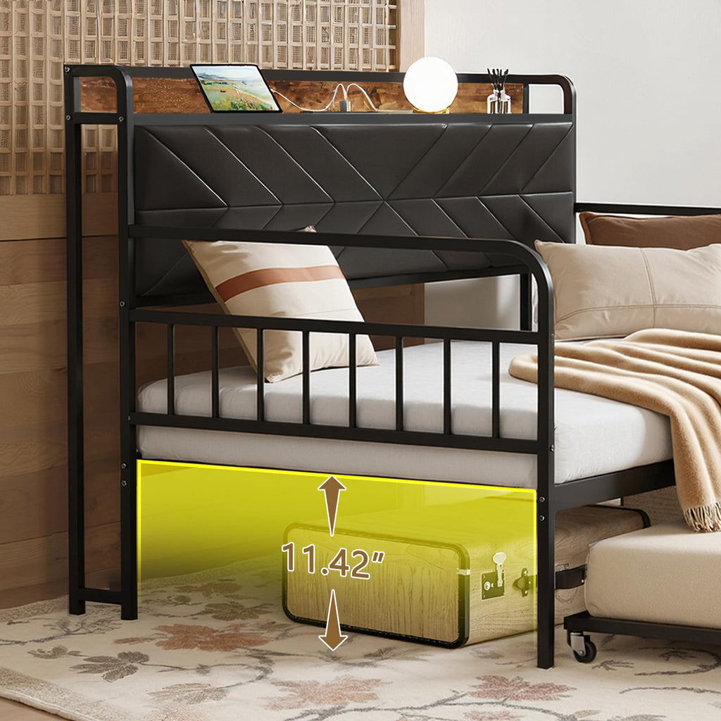 Black Metal Twin Daybed with Trundle and Storage Headboard P9870