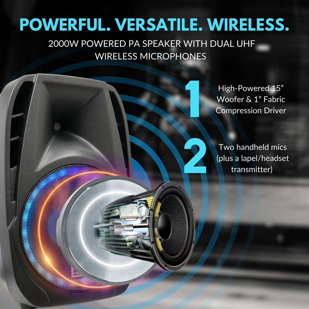 15" 2000W Portable PA Speaker System with Wireless Microphones D8199