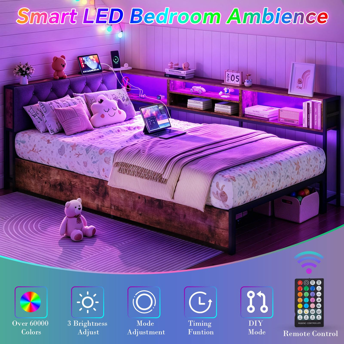 Twin XL Metal Platform Bed Frame with Storage Bookcase Headboard and LED Lights D7071