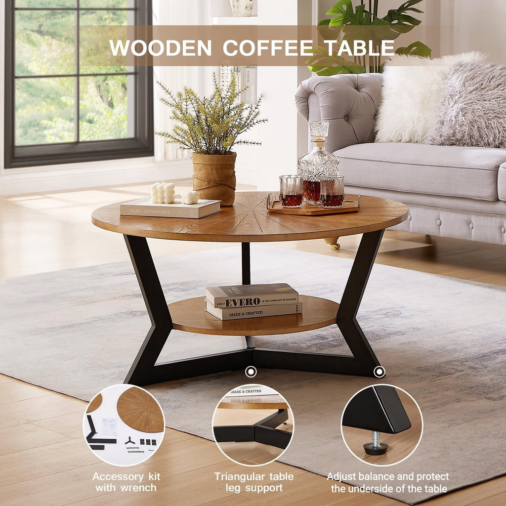 Brown 2-Tier Solid Wood Round Coffee Table E6002