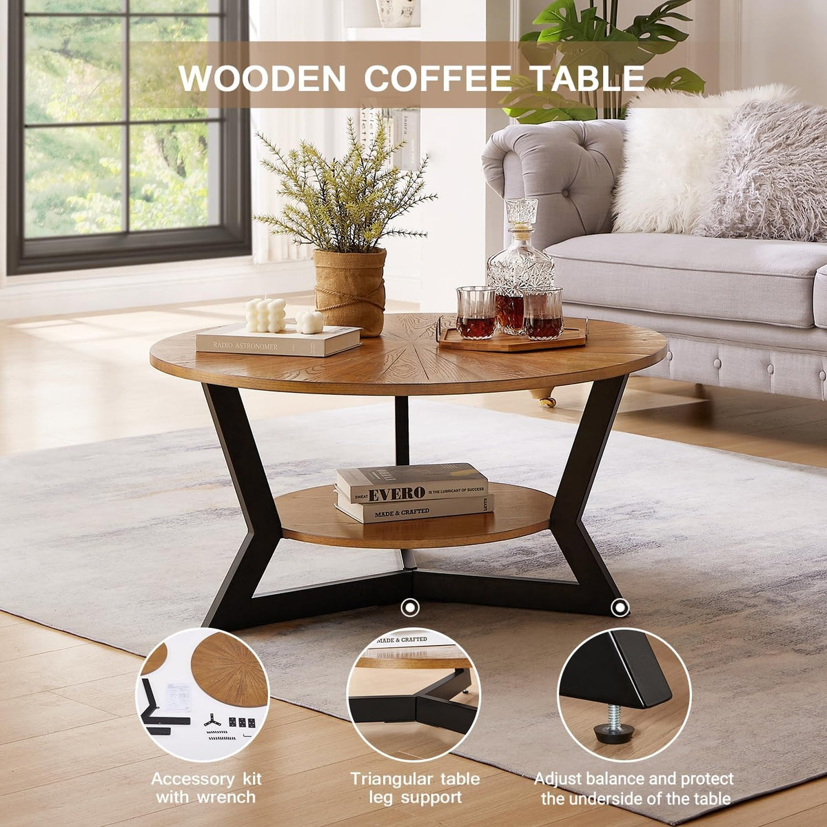 Brown 2-Tier Solid Wood Round Coffee Table E6002