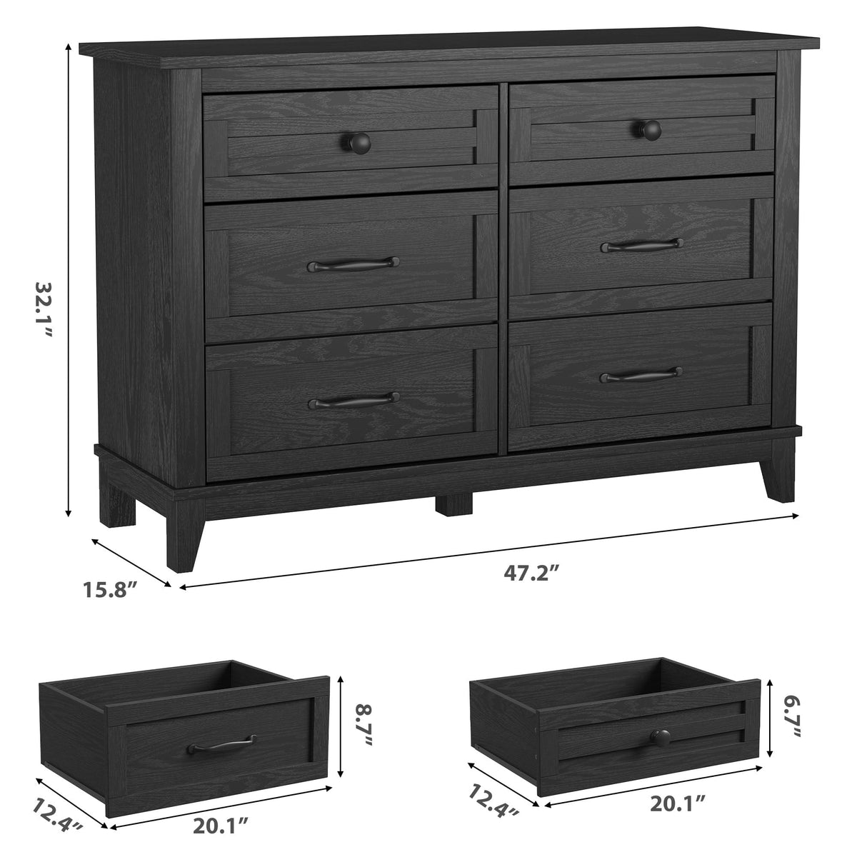 6 Drawer Wood Dresser Dark Black J3043