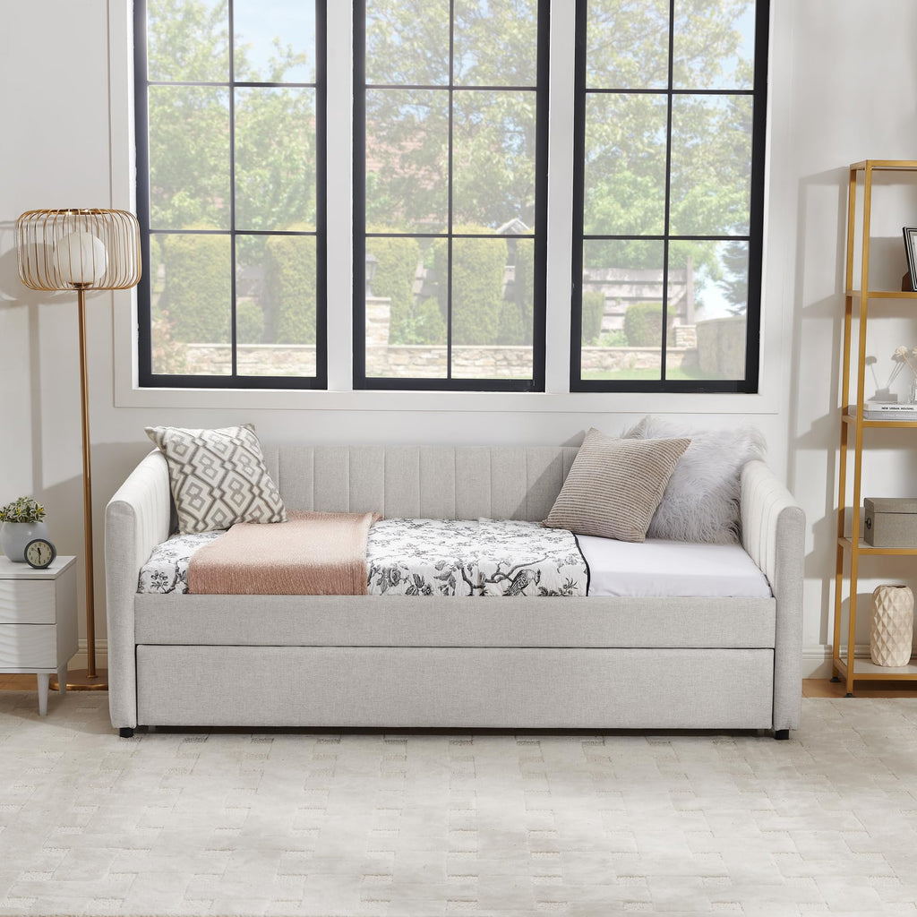Beige Linen Twin Size Daybed with Trundle A5863