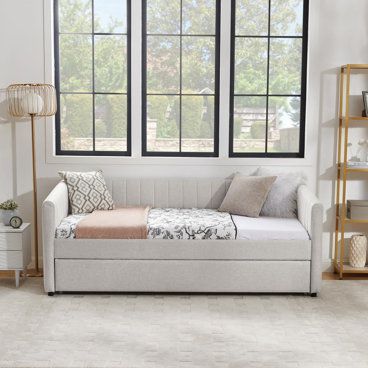 Beige Linen Twin Size Daybed with Trundle A5863